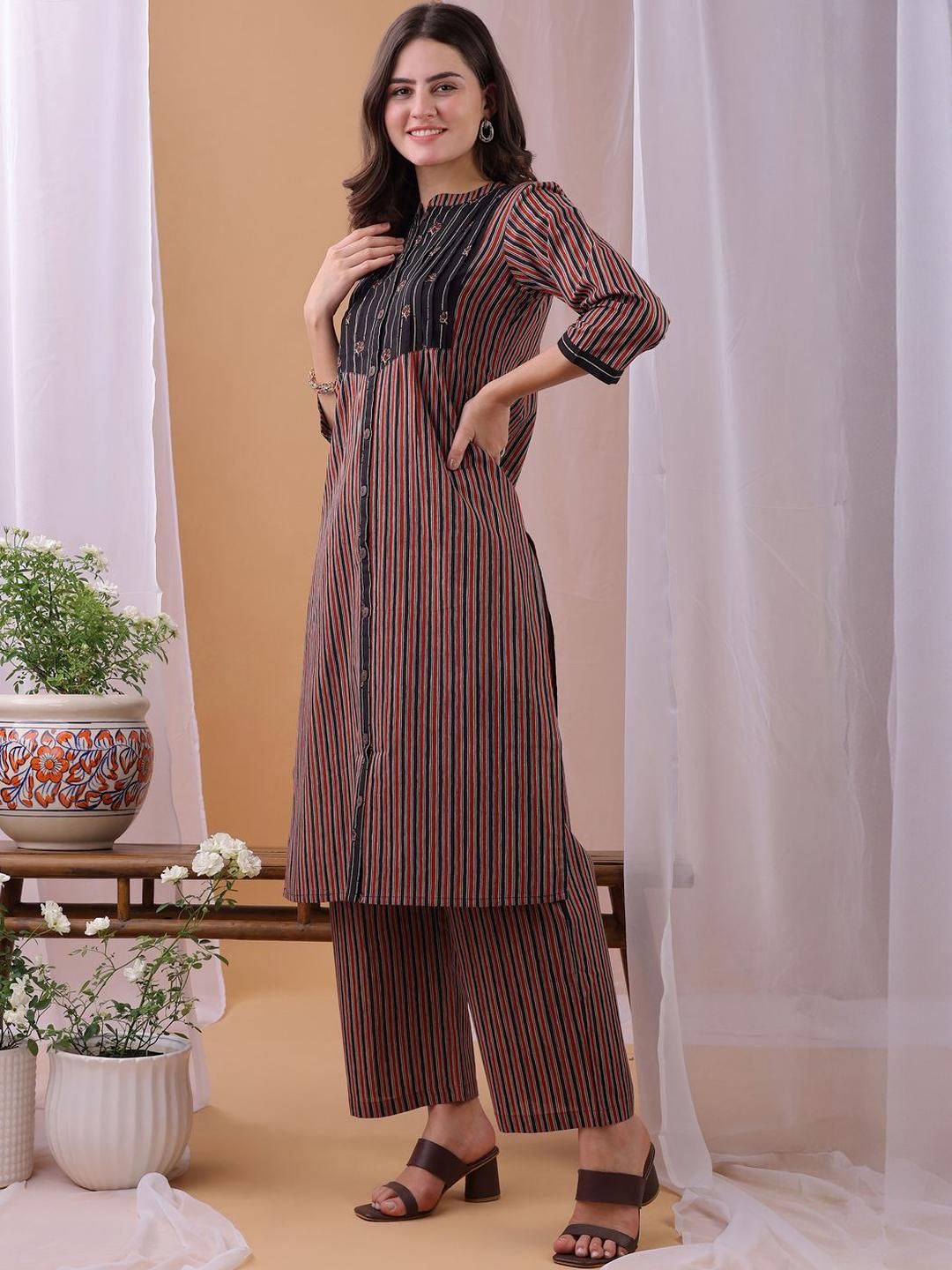 KALINI Women Printed Striped Pure Cotton Kurta with Palazzo