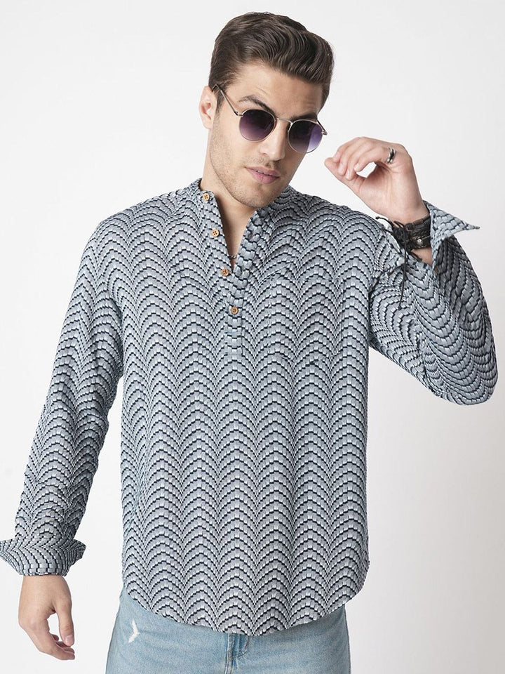 VASTRADO Abstract Woven Design Mandarin Collar Cotton Jacquard A-Line Short Kurta