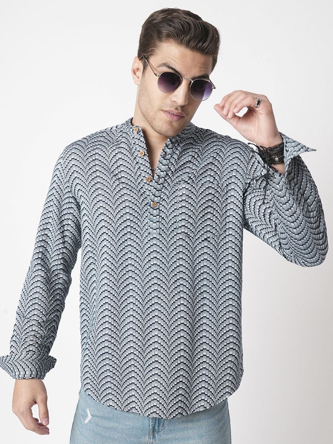 VASTRADO Abstract Woven Design Mandarin Collar Cotton Jacquard A-Line Short Kurta