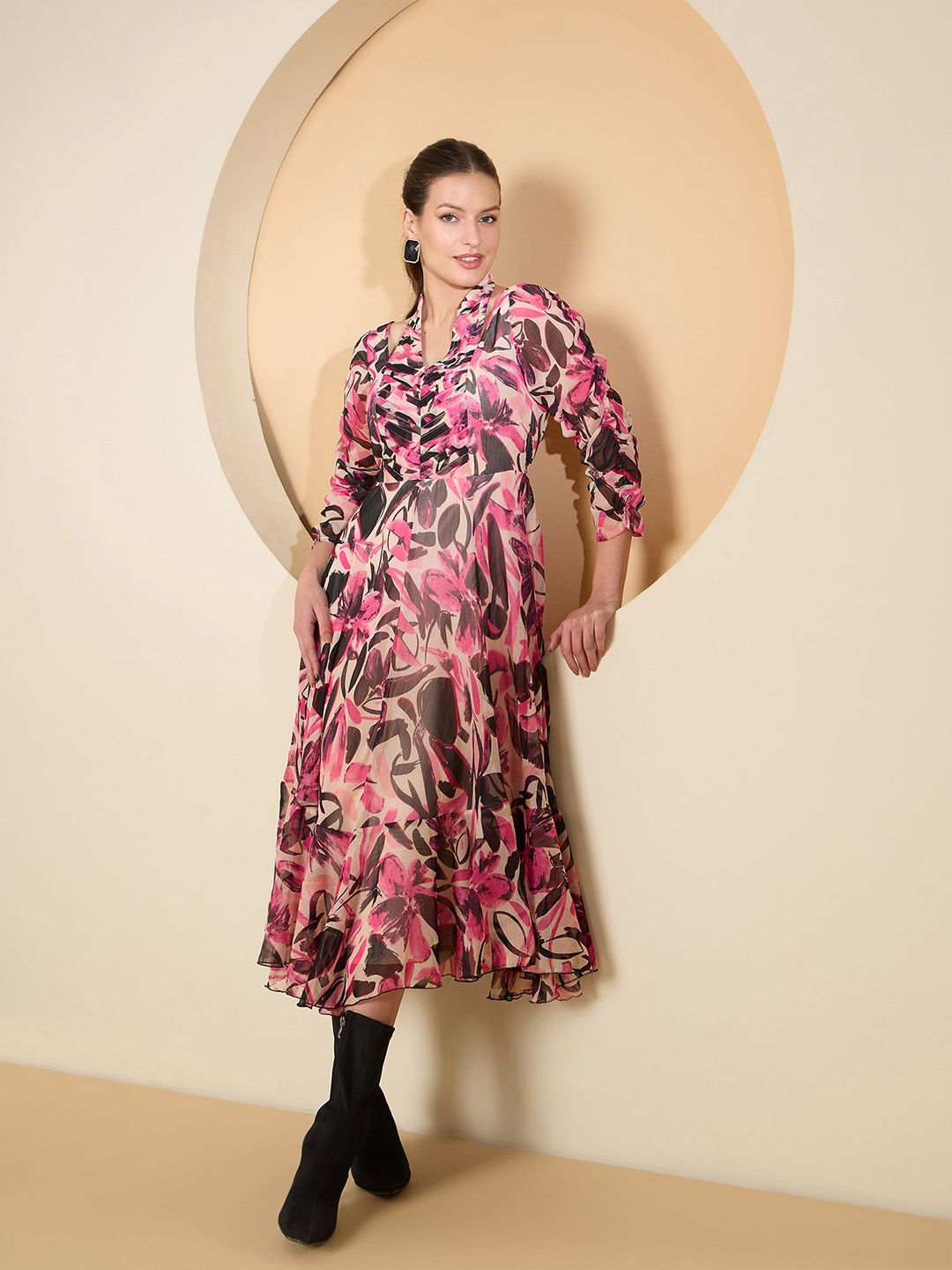 Antheaa Floral Print Halter Neck Chiffon Fit & Flare Midi Dress