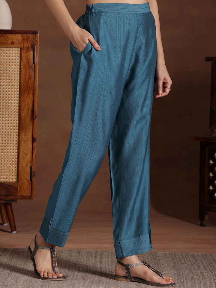 Libas Floral Embroidered Mandarin Collar Roll-Up Sleeves A-Line Tunic & Palazzos