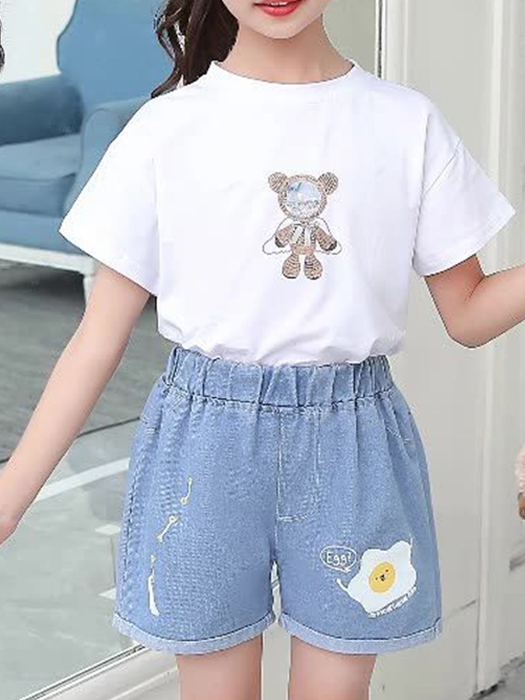 YK Girls Embellished Washed Denim Shorts