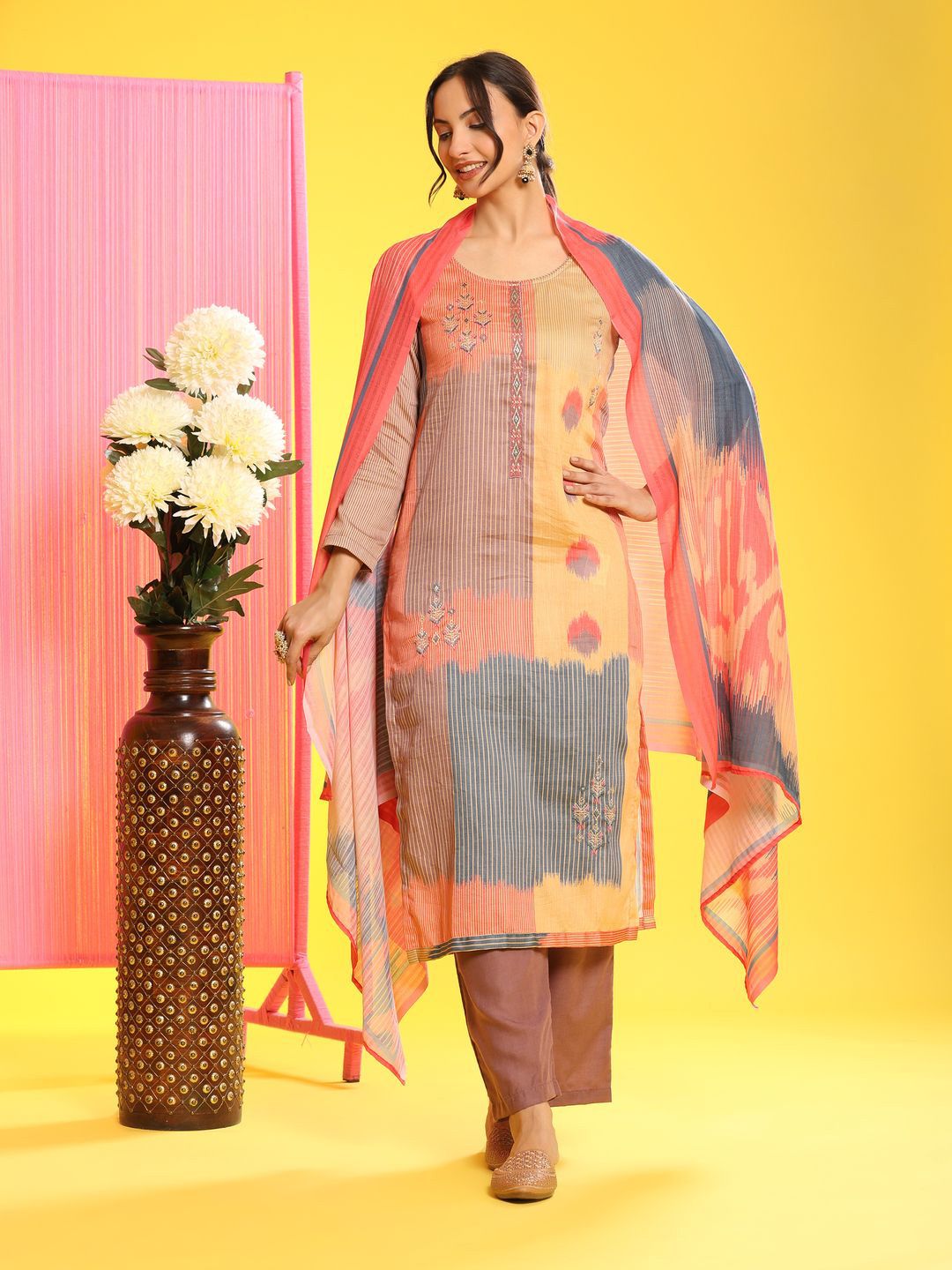 Mamicha Women Orange Elegance Unstitched Classic Cotton Kurta Set