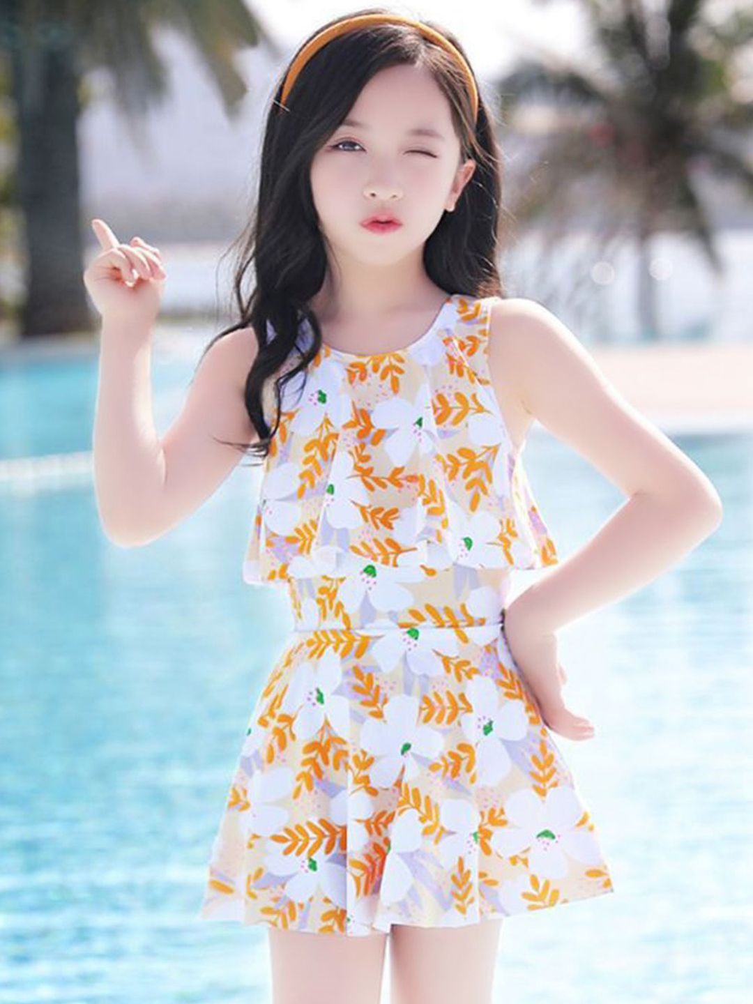 YK Girls Floral Printed Round Neck Swim Dress