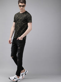 THE BEAR HOUSE Men Olive Green  Black Slim Fit Camouflage Printed Round Neck Pure Cotton T-shirt