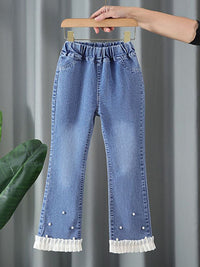 YK Girls Cotton Comfort Skinny Fit Mildly Distressed Light Fade Embellished Jeans