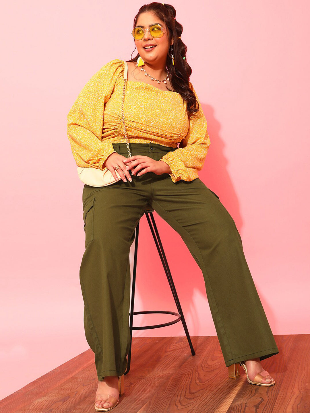 CURVY STREET Women Plus Size Olive Green Relaxed Straight Leg Pure Cotton Trousers