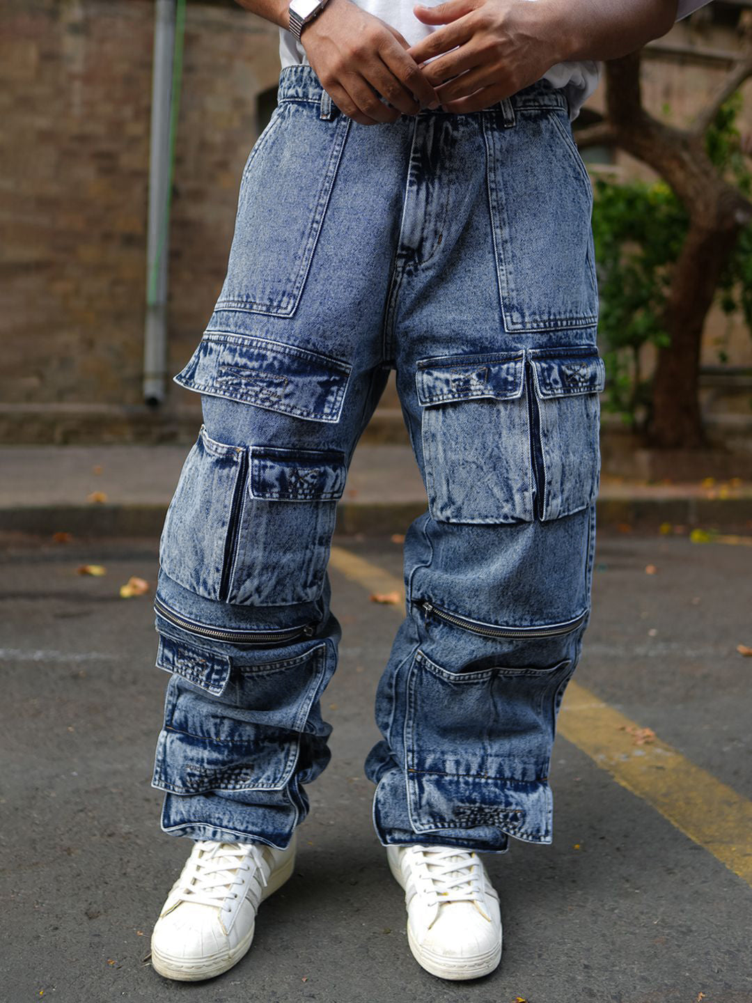 Powerlook Men Loose Baggy Fit Pure Cotton Denim Cargos