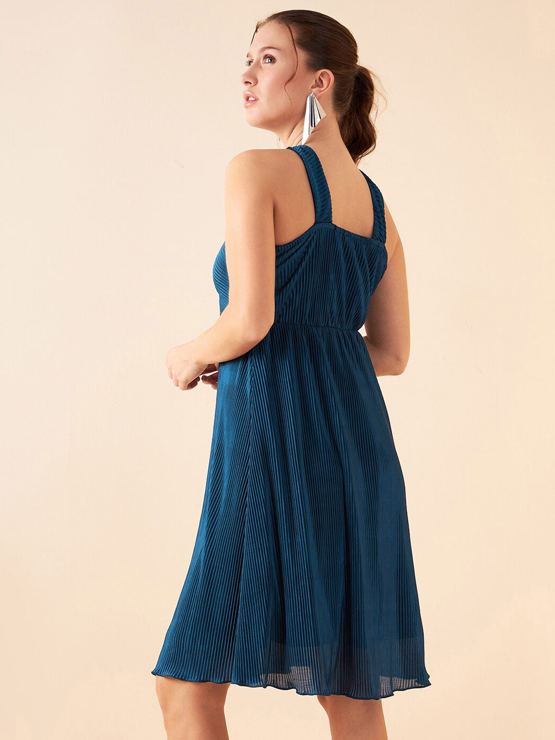 Antheaa Teal Self Design Sleeveless Chiffon Pleated A-Line Dress