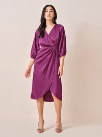 AND Women Solid V-Neck Puff Sleeve Wrap Midi Dress