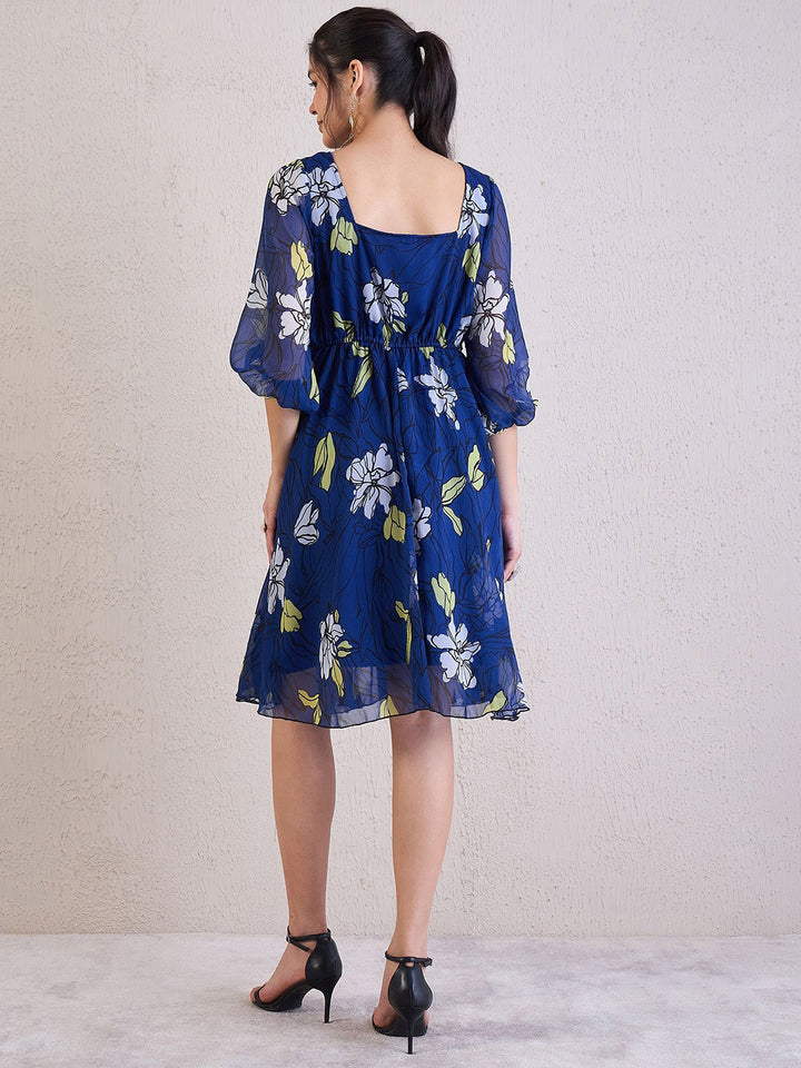 Antheaa Women Floral Print V-Neck Puff Sleeves Chiffon Knee Length Empire Dress