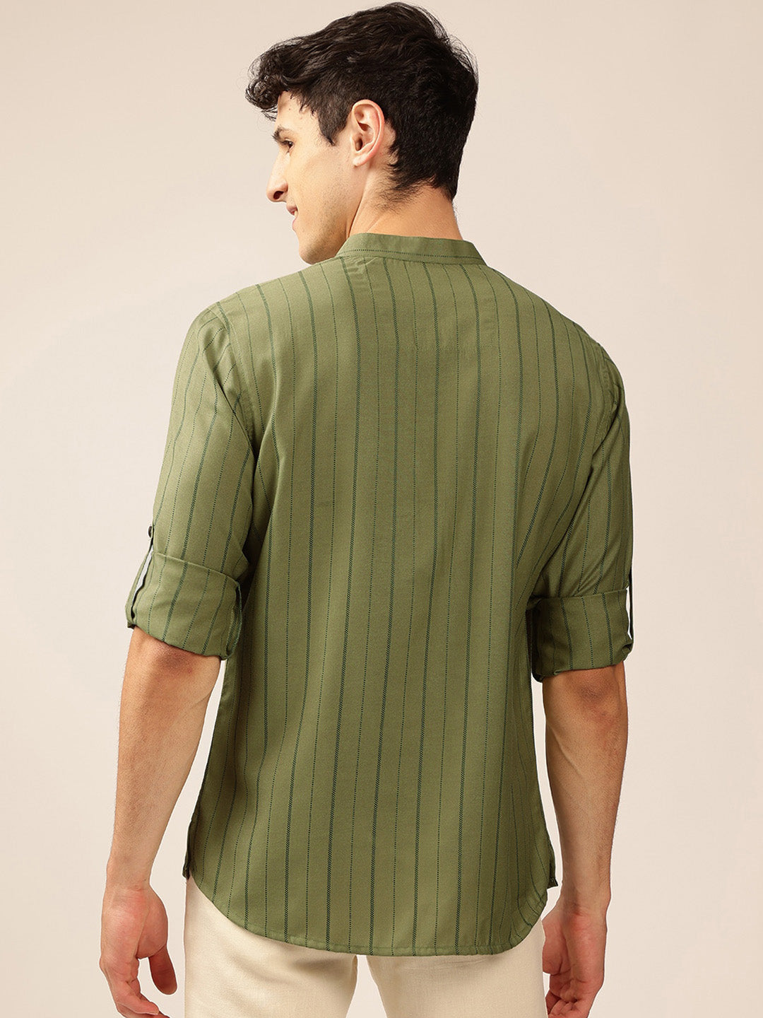 Anouk Striped Mandarin Collar Roll-Up Sleeves Short Kurta