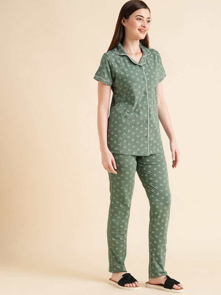 Sweet Dreams Green & White Conversational Printed Pure Cotton Night Suits