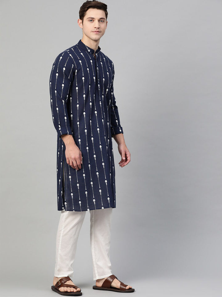 See Designs Men Navy Blue & White Printed Kurta with Pyjamas