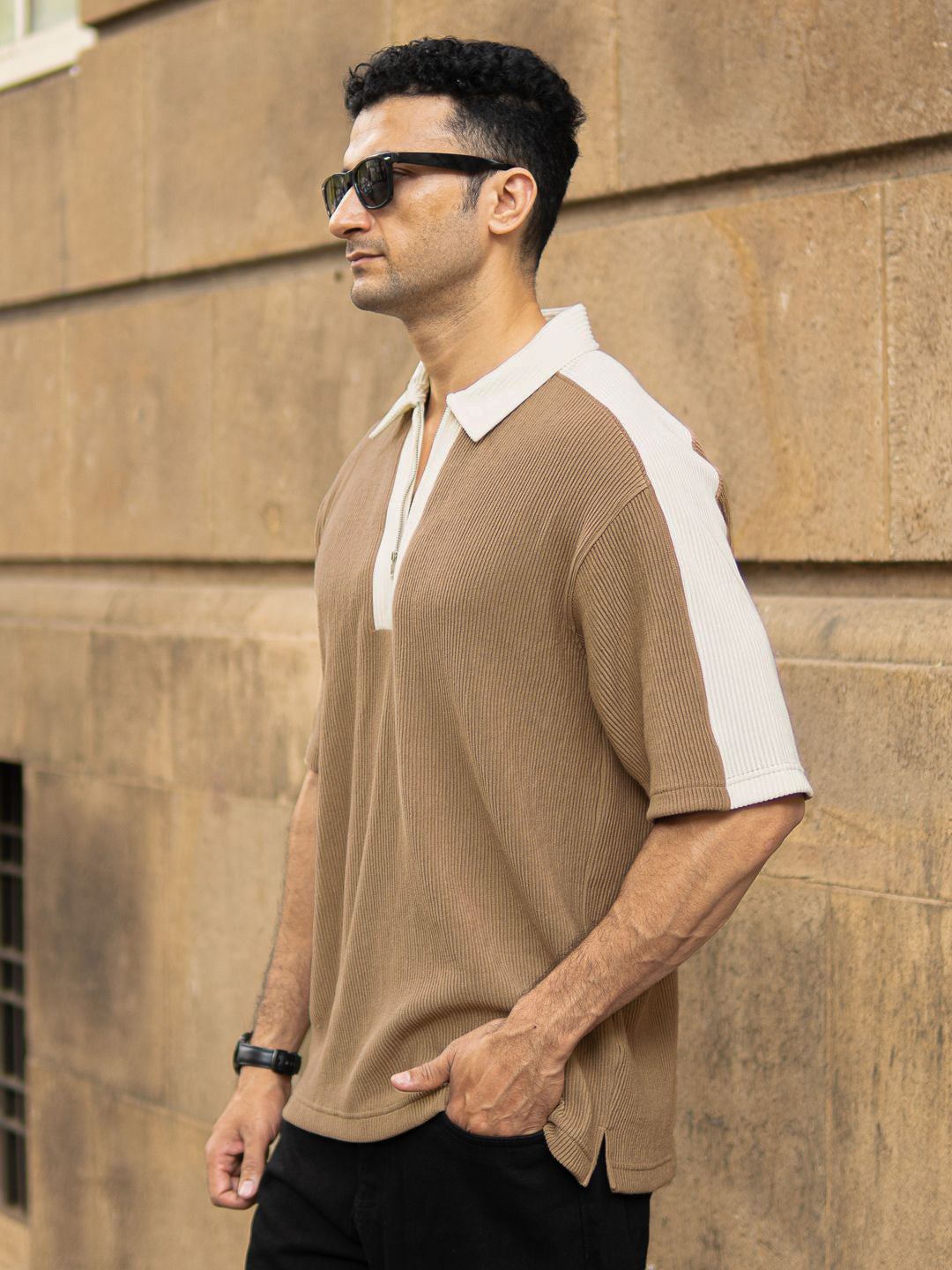 Powerlook Men Polo Collar Drop-Shoulder Sleeves Oversized T-shirt