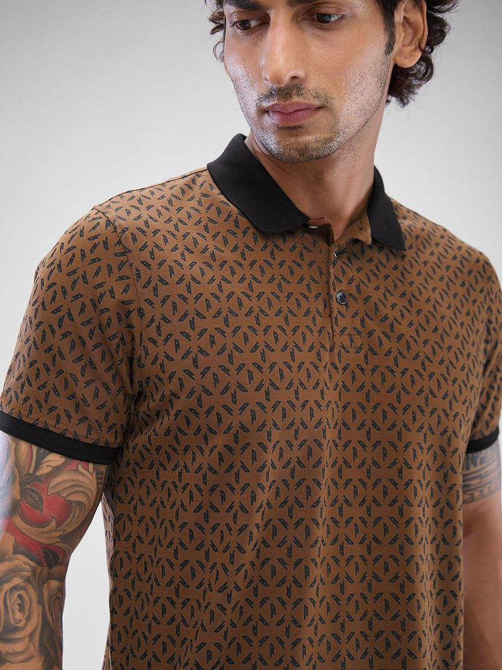 SPYKAR Men Abstract Printed Polo Collar Slim Fit T-shirt