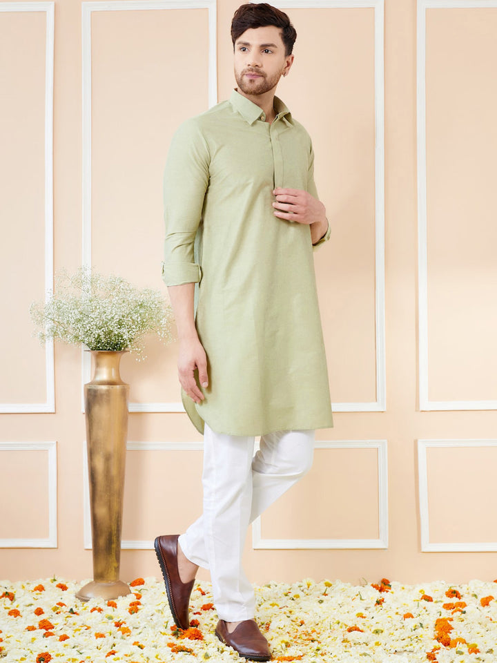 See Designs Shirt Collar Long Sleeves Pure Cotton Pathani Kurta With Pyjamas
