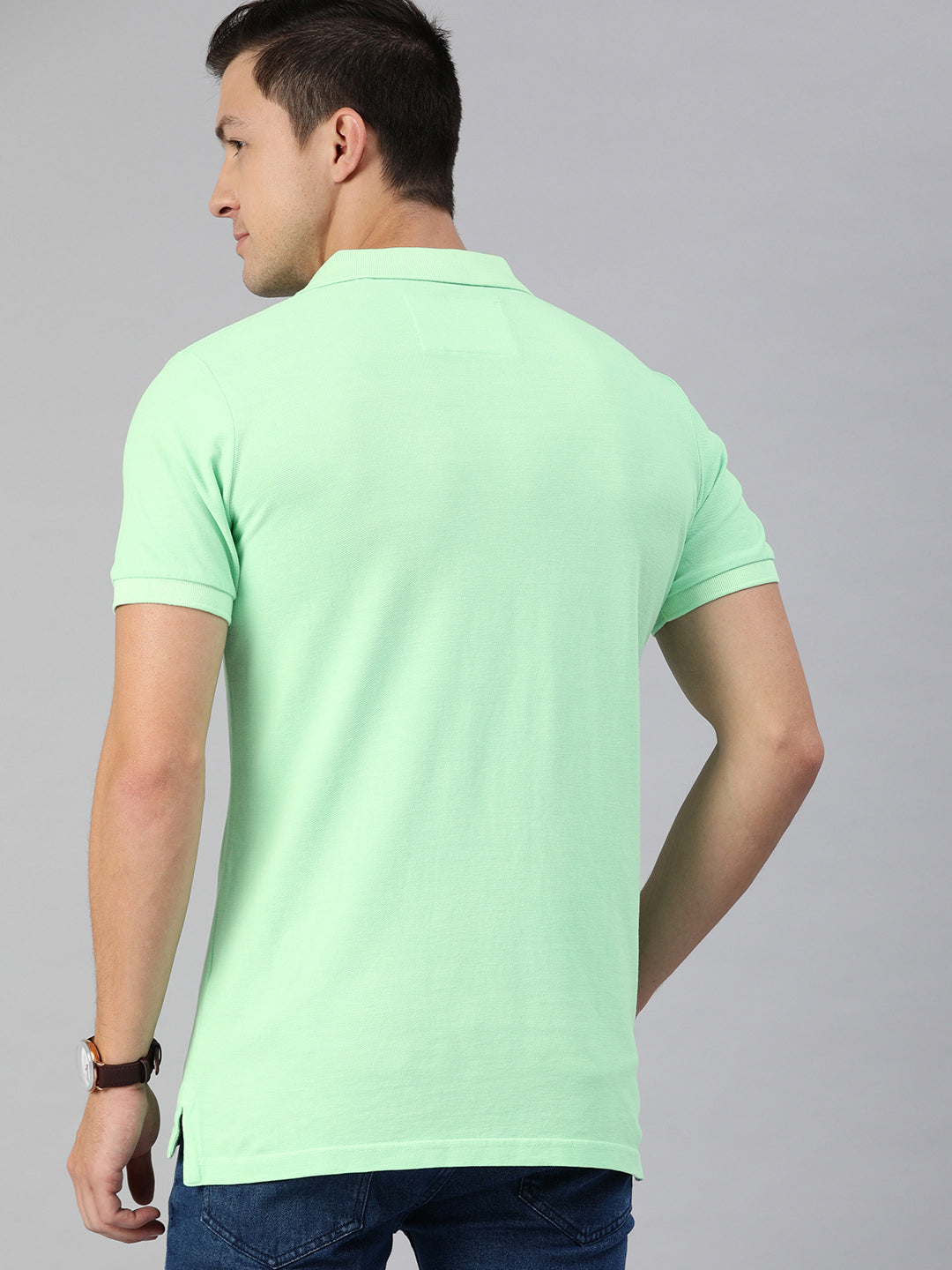 THE BEAR HOUSE Men Green Solid Polo Collar Pure Cotton T-shirt