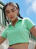 STREET 9 Teal Polo Collar Pure Cotton Crop T-shirt
