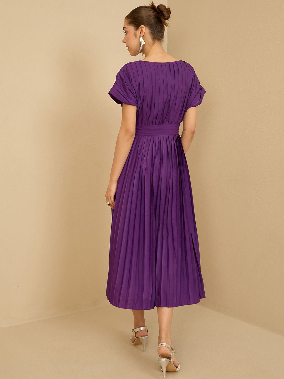 Antheaa Women Pleated Fit & Flare Midi Dress With Belt