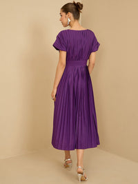 Antheaa Women Pleated Fit & Flare Midi Dress With Belt