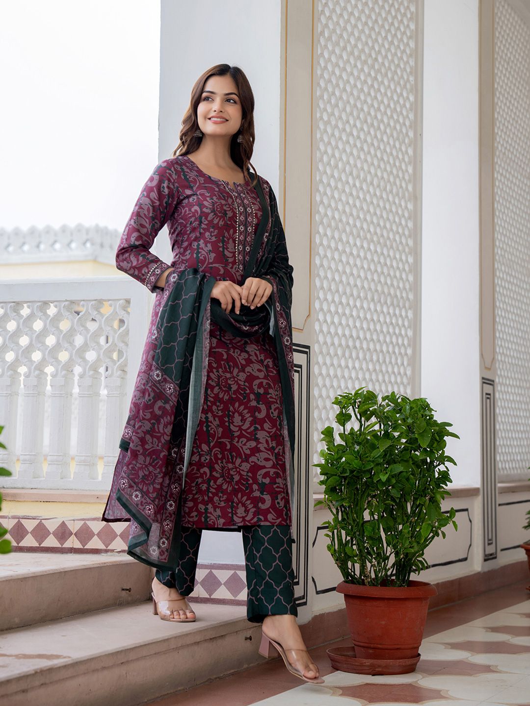 KALINI Floral Printed Notch Neck Straight Kurta With Trousers & Dupatta