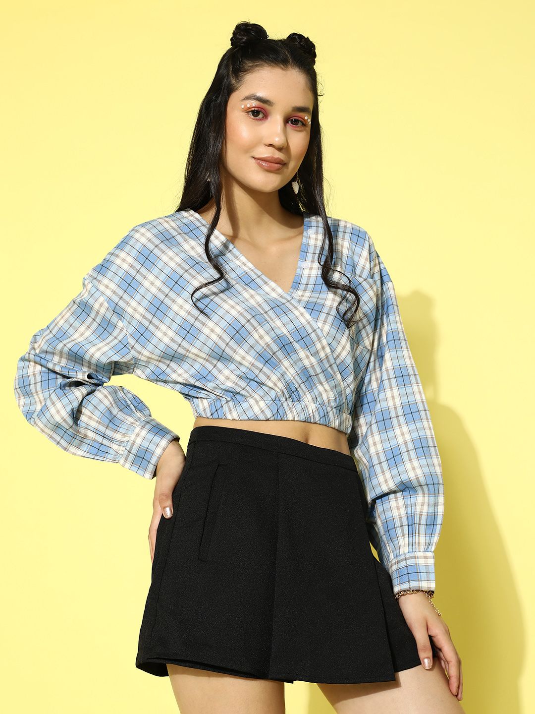 Berrylush Blue & Off White Checked Wrap Crop Top