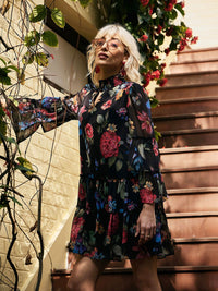 SASSAFRAS High Neck Floral Printed Smocked Tiered Chiffon A-Line Dress