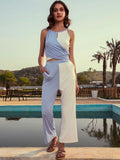 Athena Women Blue & White Colourblocked Sleeveless Top & Trousers