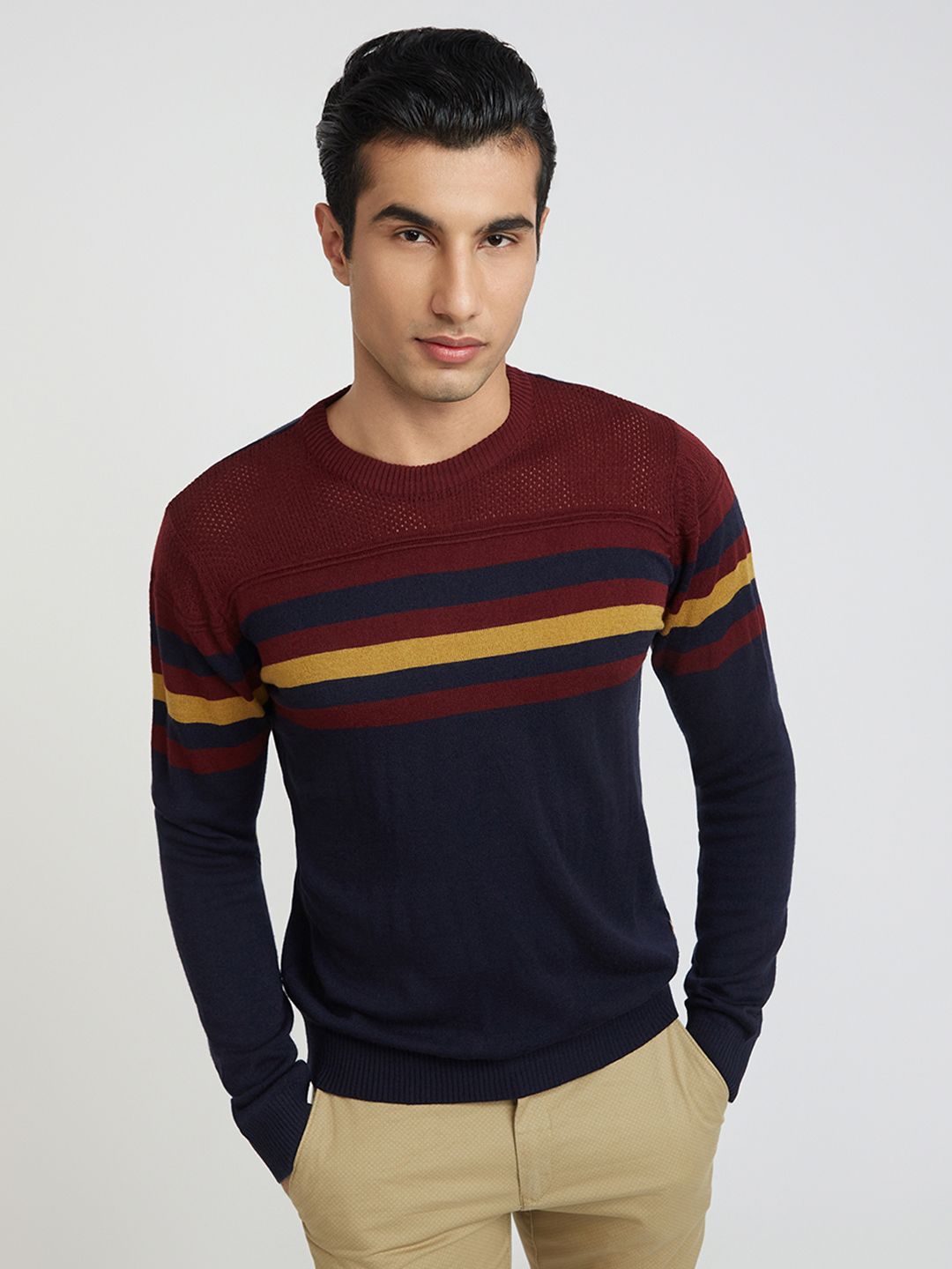 Raymond Men Navy Blue & Burgundy Striped Pullover