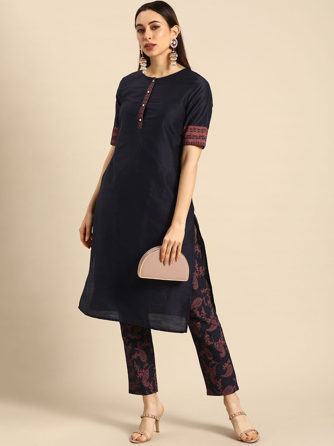 all about you Women Navy Blue Ethnic Motifs Printed Regular Kurta with Printed Trousers