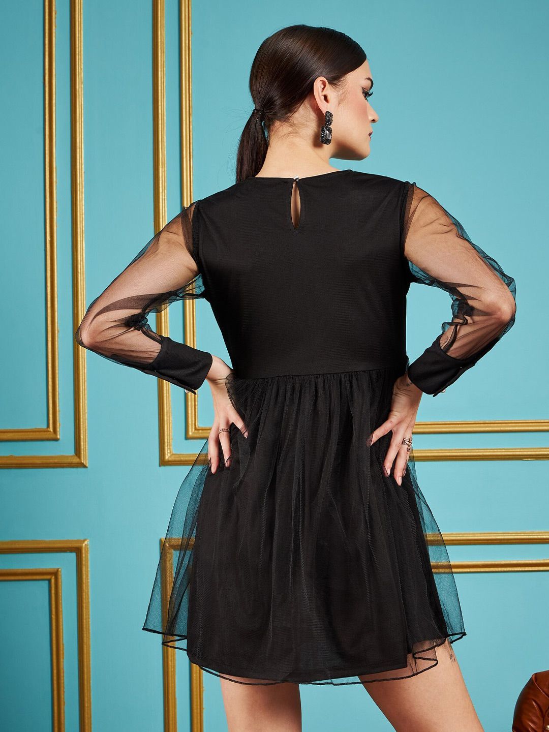 SASSAFRAS Black Floral Embellished Detailed Gathered Detailed Net Fit & Flare Mini Dress