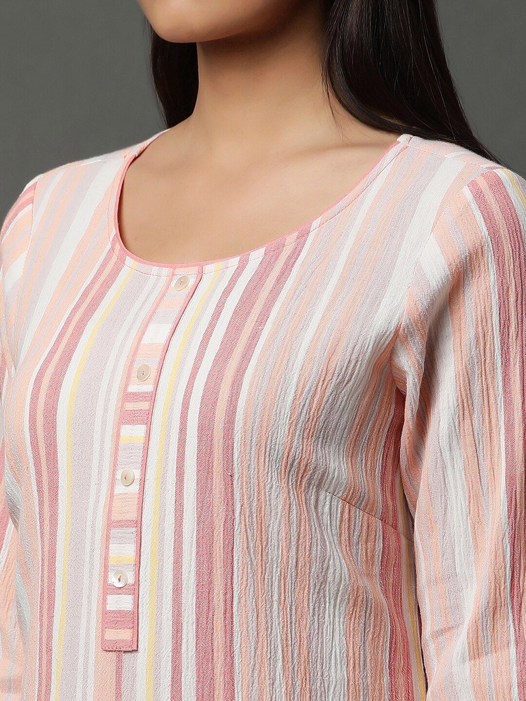 AURELIA Striped Round Neck Three-Quarter Sleeves Straight Kurta