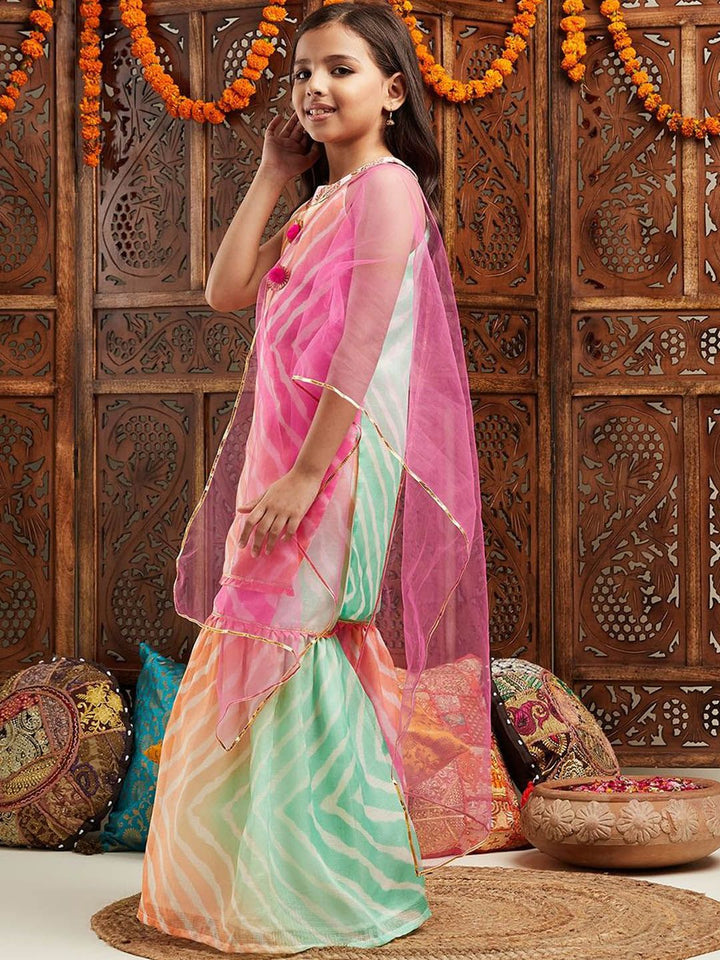 pspeaches Girls Leheriya Printed Kurti with Sharara & Dupatta