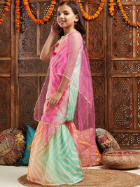 pspeaches Girls Leheriya Printed Kurti with Sharara & Dupatta