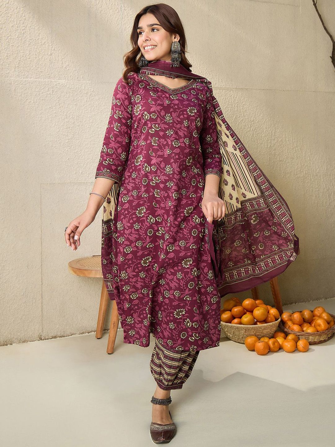 Indo Era Floral Printed V Neck Pure Cotton Kurta With Salwar & Dupatta