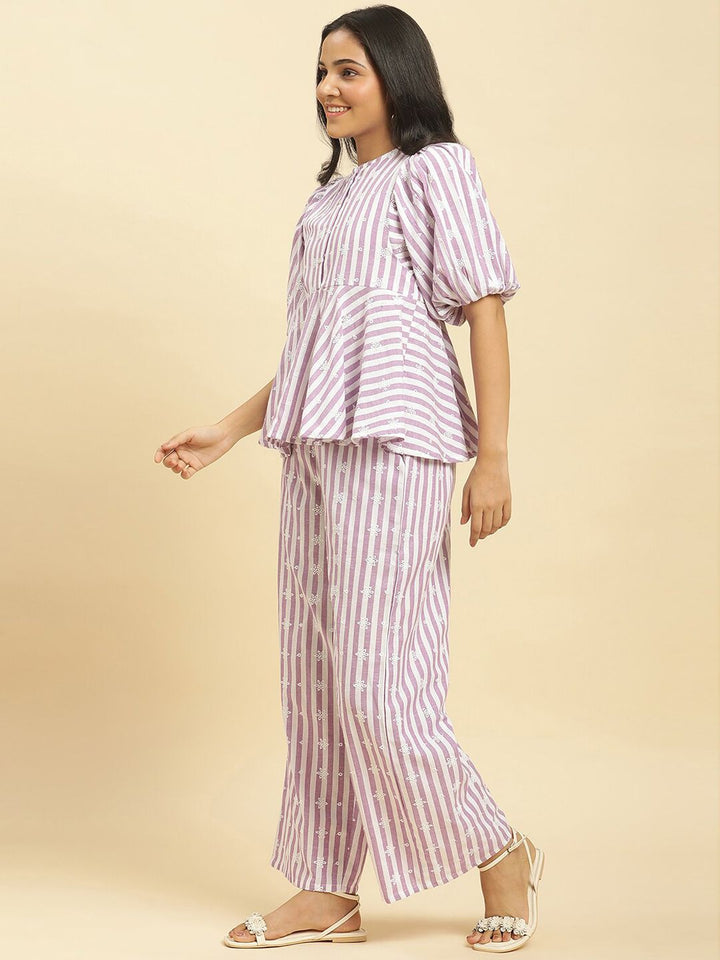 W Women Lavender & White Striped Embroidered Top with Trousers