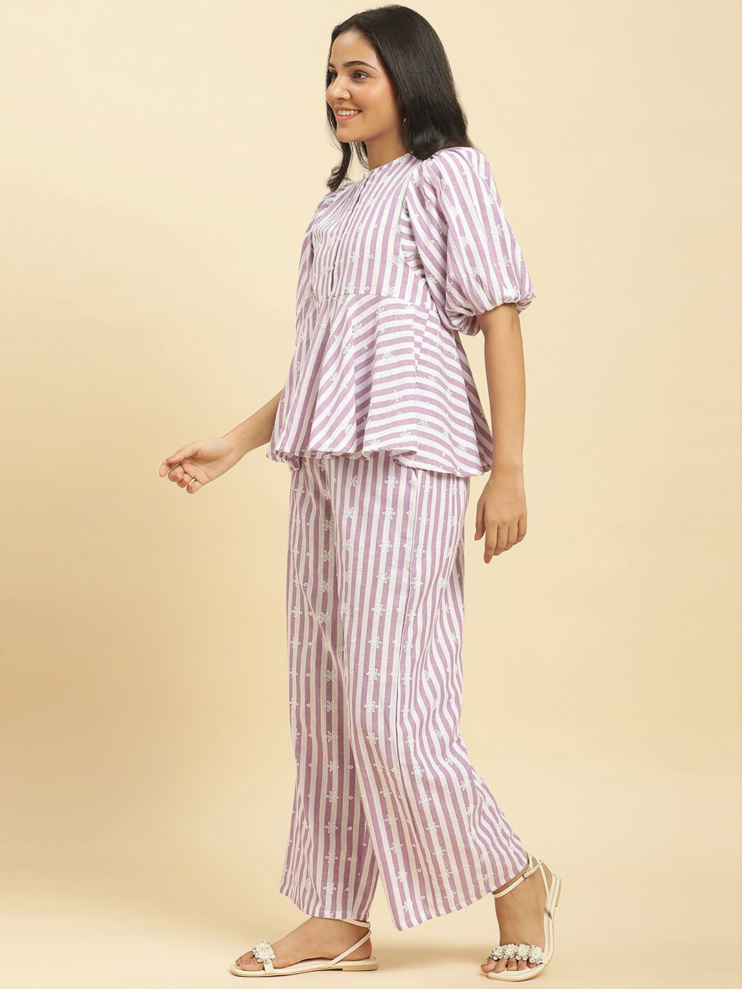 W Women Lavender & White Striped Embroidered Top with Trousers