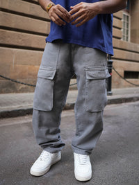 Powerlook Men Baggy Fit Mid Rise Clean Look Heavy Fade Cargos Jeans