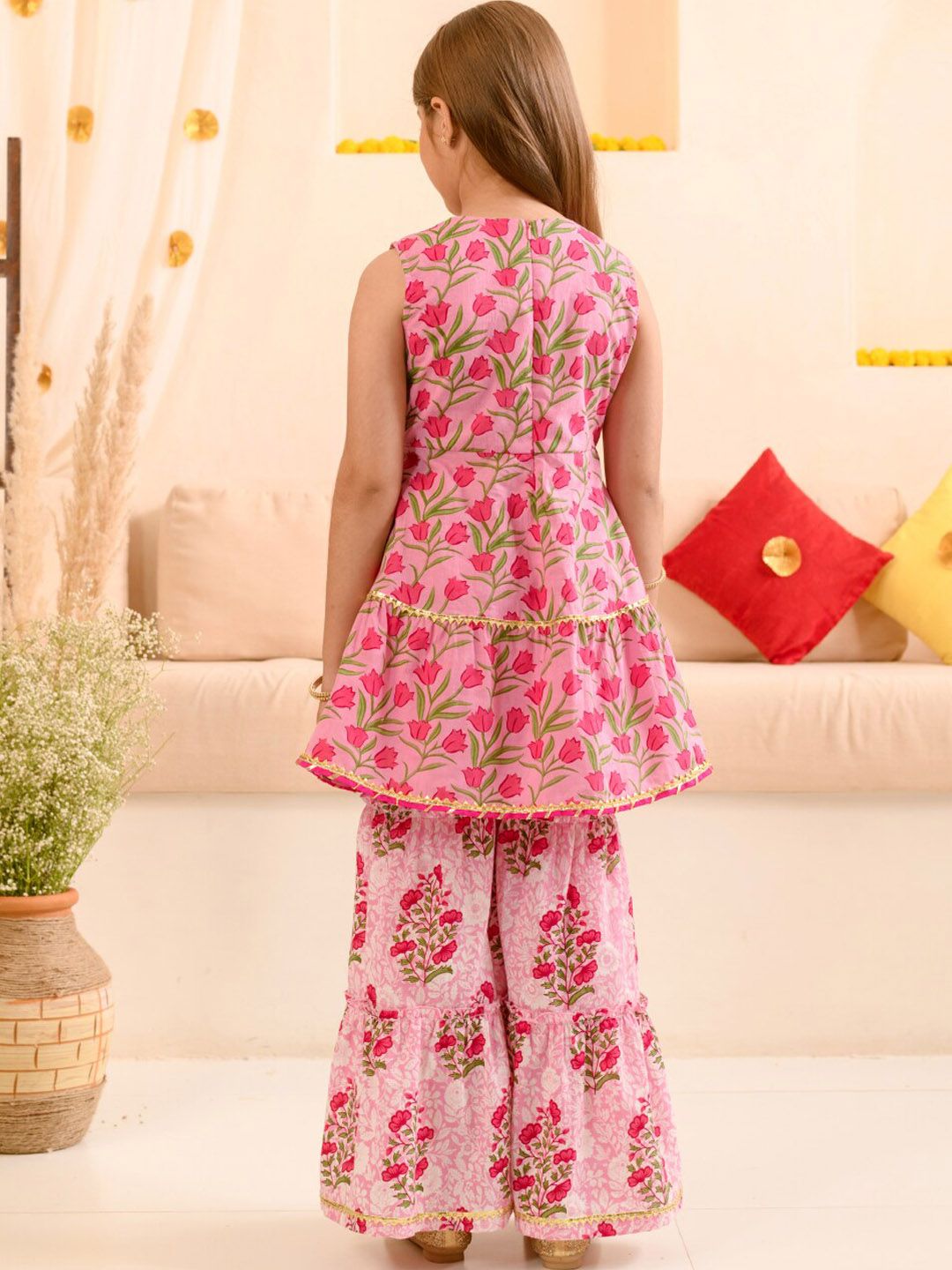 pspeaches Girls Floral Printed Gotta Patti Pure Cotton Kurta With Sharara & Dupatta