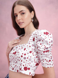 DressBerry Polka Dots Print Puff Sleeve Crop Top