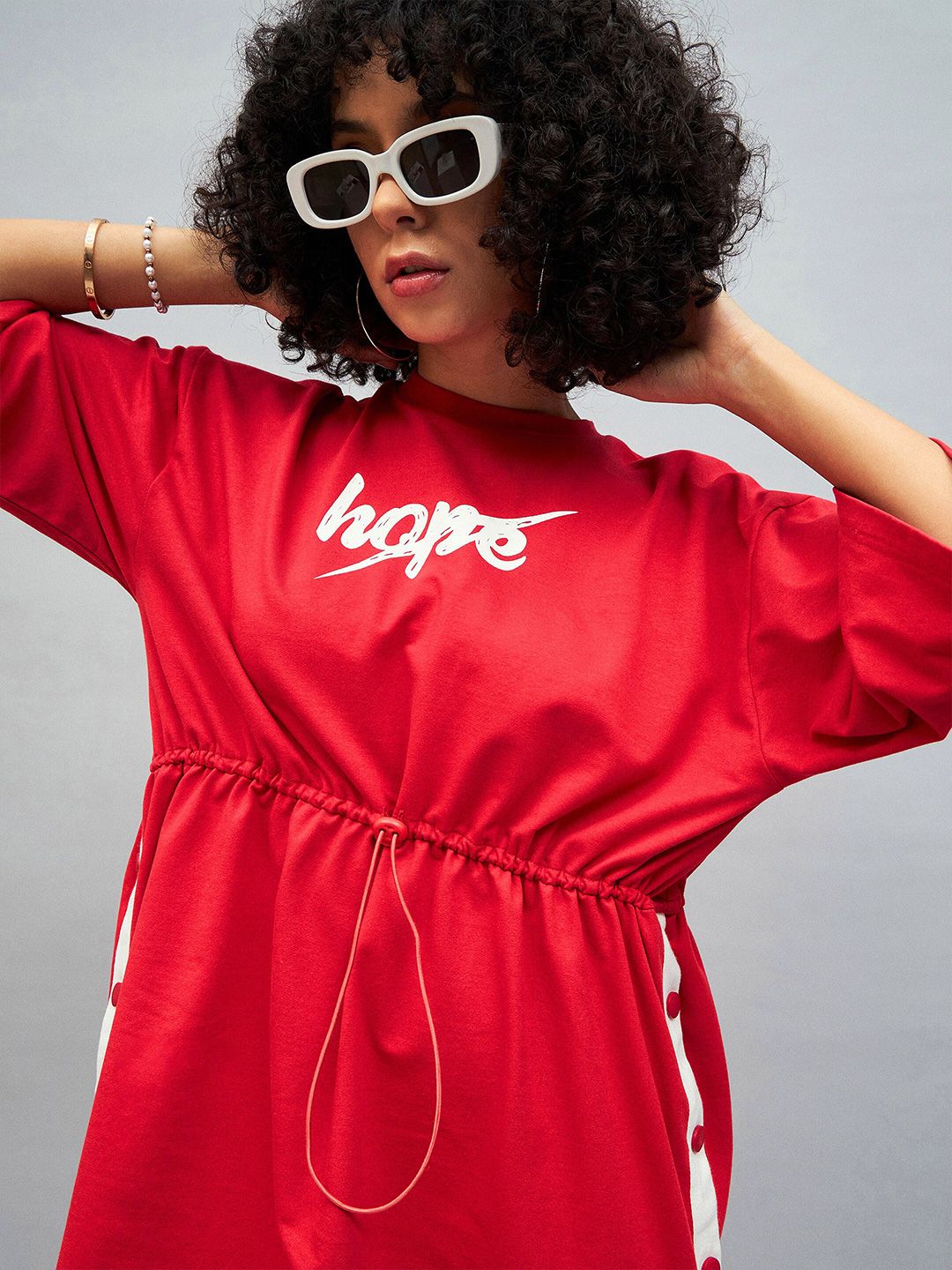SASSAFRAS Red Knitted Hope Typography Printed Cotton T-shirt Mini Dress