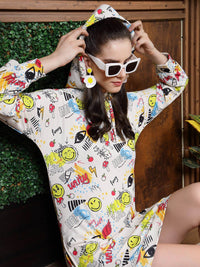 Athena White Conversational Printed Hooded A-Line Dress