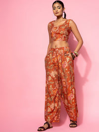 Libas Floral Print Crop Top & Palazzo With Jacket