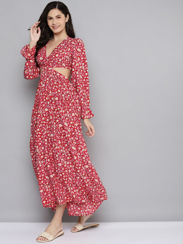 SASSAFRAS Red & Beige Floral Waist Cut-Out Maxi Dress