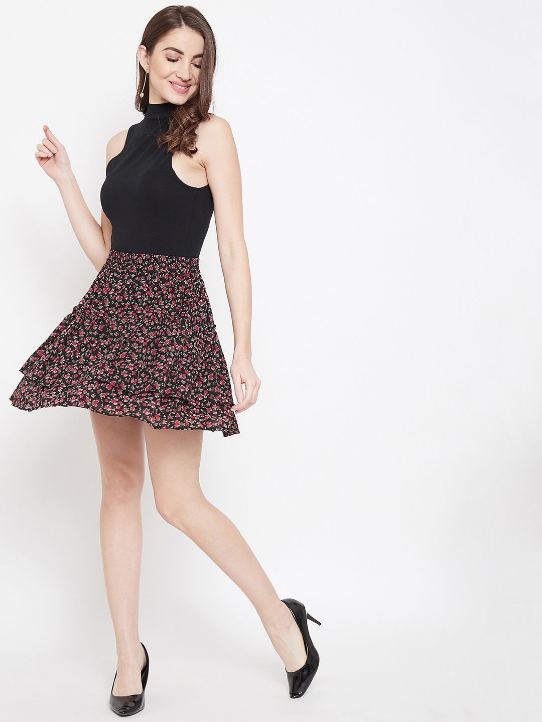 Berrylush Black Flared Mini Skirt