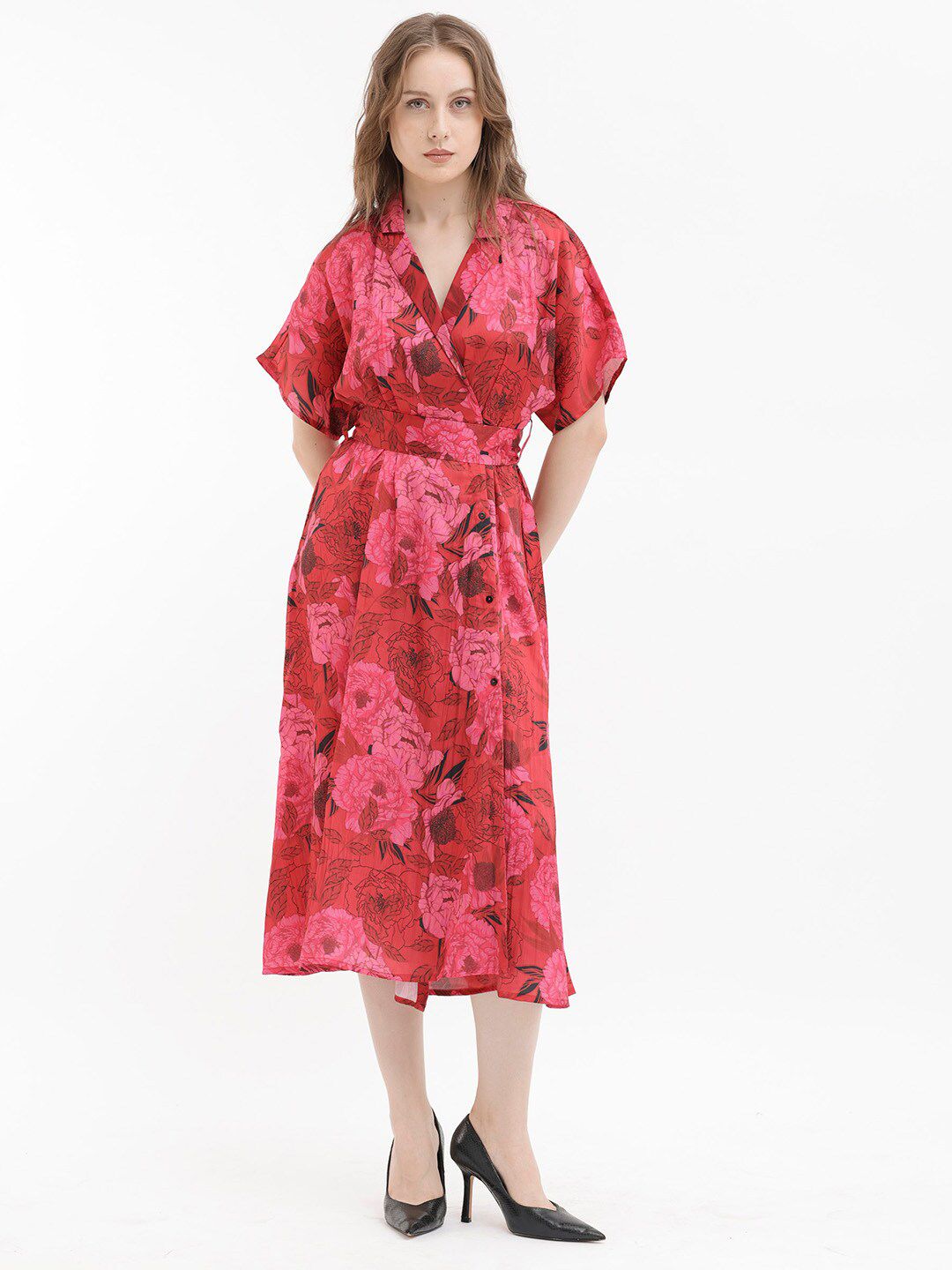 RAREISM Floral Print V-Neck Fit & Flare Midi Dress