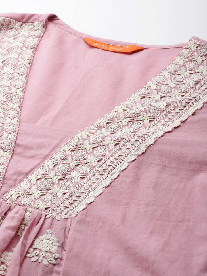 Indo Era Ethnic Motifs Embroidered Pleated Thread Work Pure Cotton Kurta Set