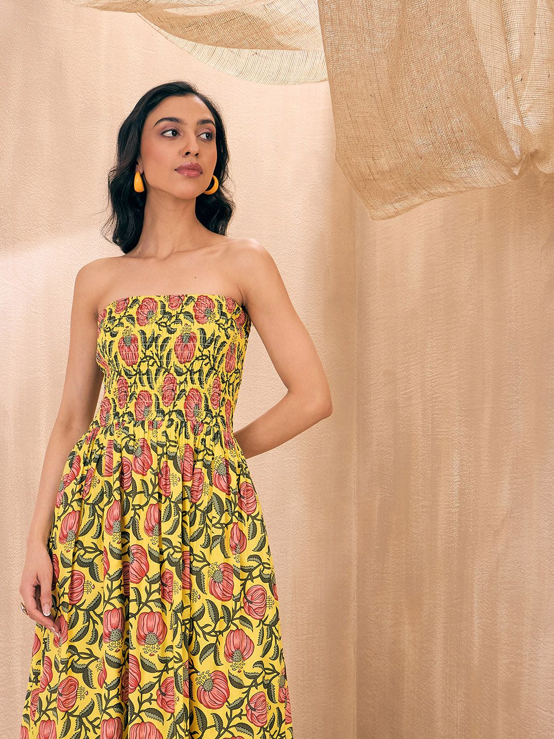 Pink Paprika by SASSAFRAS Yellow Floral Printed Smocked Fit & Flare Maxi Dress