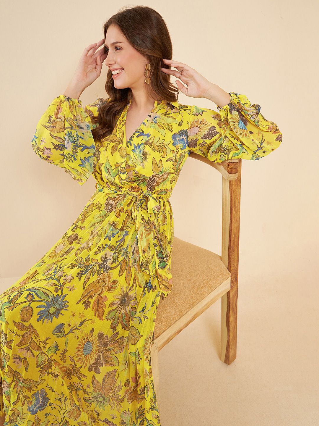Antheaa Yellow Printed Pleated Puff Sleeves Belted Chiffon Fit & Flare Midi Dress